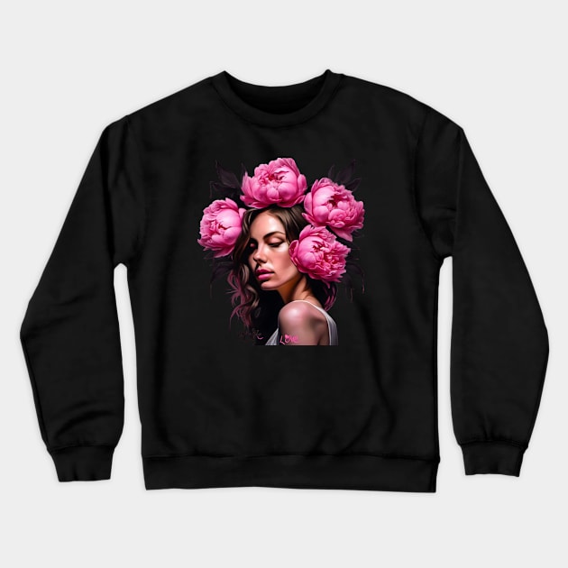 Flower Head Woman with Pink Peony Roses Crewneck Sweatshirt by Ravenglow